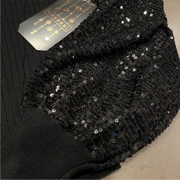 🔥NWOT Saks 5th Avenue - Joseph A Black Mock Neck Sweater w Sequin Sleeves - XL - Picture 11 of 12